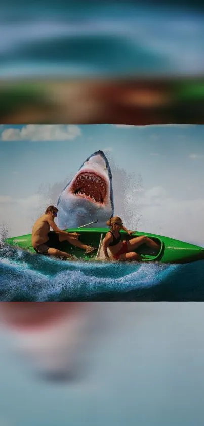 A thrilling kayak adventure with a massive shark breaching the ocean water.