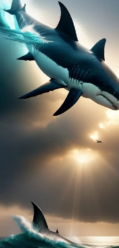 Epic mobile wallpaper of sharks soaring above ocean waves.