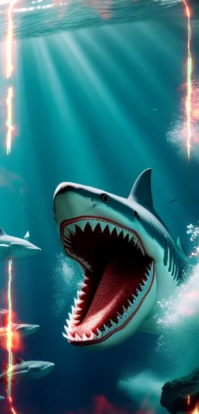 Intense shark underwater wallpaper with ocean sunlight and marine life.