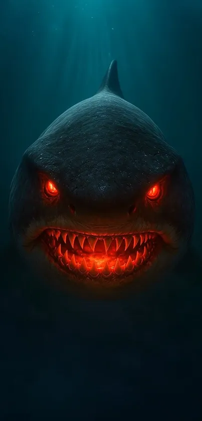 Shark with glowing eyes underwater, dark ocean art.