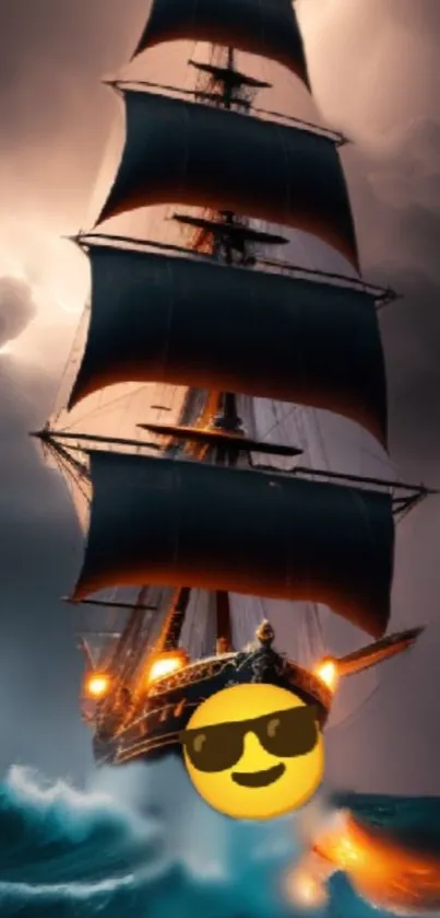 Epic ship sailing through stormy seas with lightning in the background.