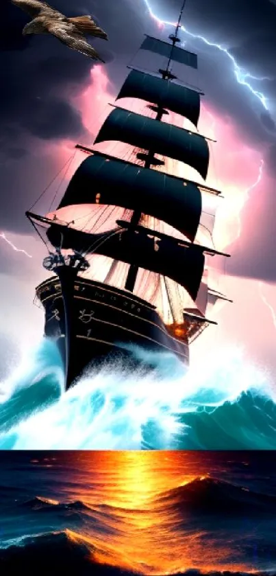 Majestic ship sailing on stormy seas with an eagle overhead against a lightning sky.