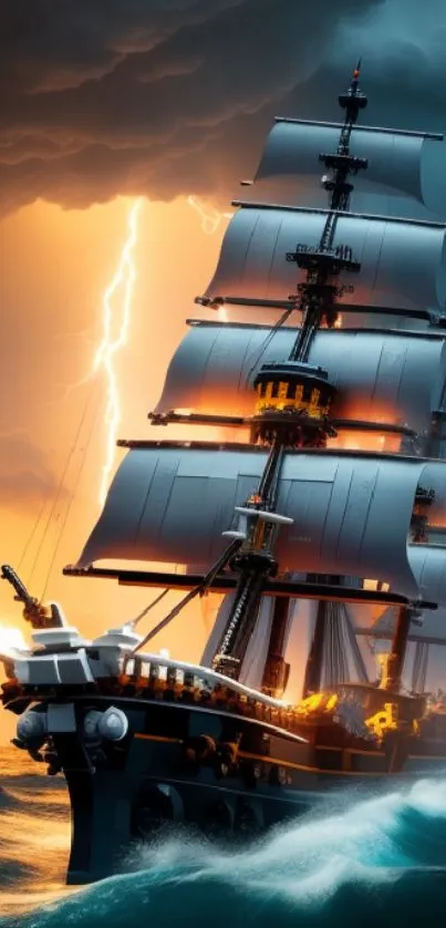 Epic ship in stormy seas with lightning flashes.