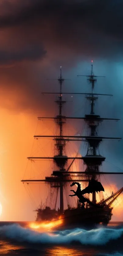 Tall ship sails in a storm with a dragon overhead, vibrant colors illuminate the scene.