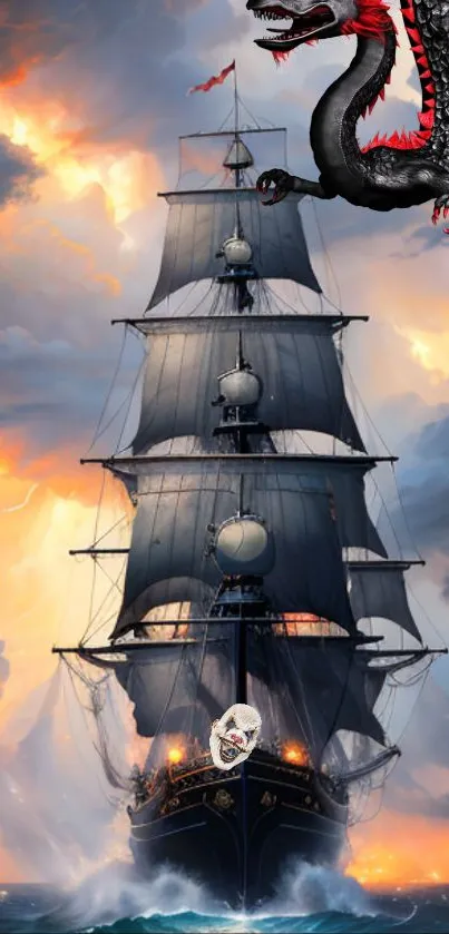 Majestic ship with a dragon over fiery sky in stunning artwork.