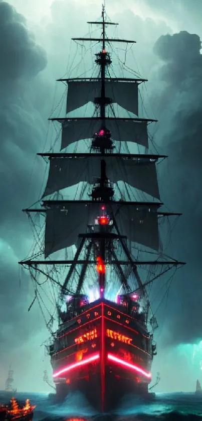 Epic ship in stormy sea with dark clouds and vibrant accents.