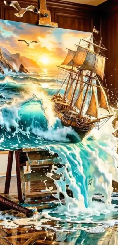 Ship sailing out of a vibrant canvas painting.