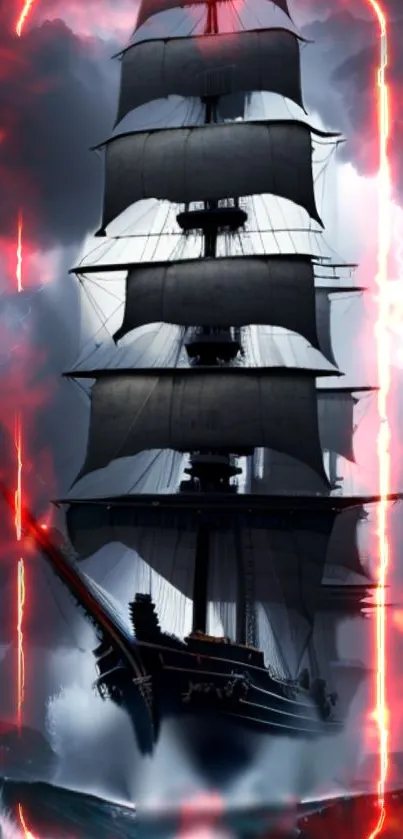 Epic ship with dark sails in fiery ocean scene.