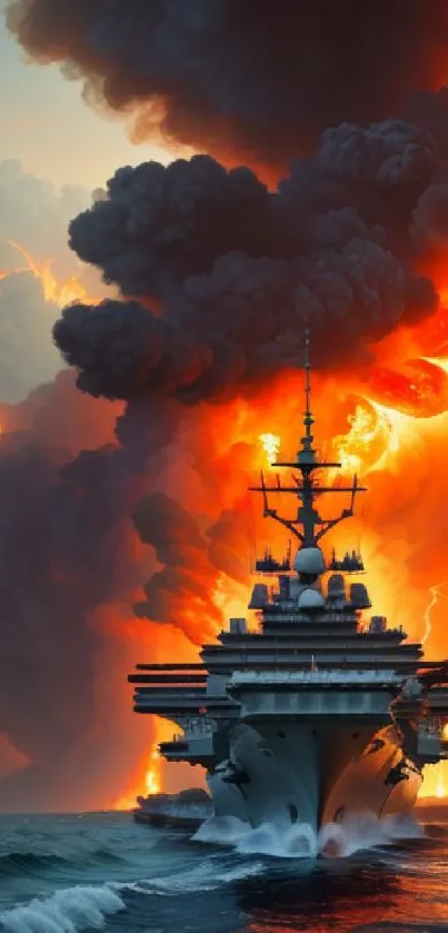 Epic ship sails through fiery storm with dramatic clouds and lightning.