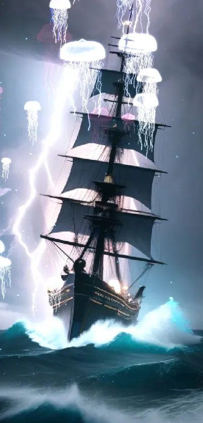 Ship sails through lightning storm on a dark, turbulent sea.