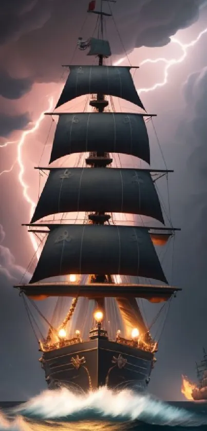 Majestic ship sailing through a storm with lightning and ocean waves.