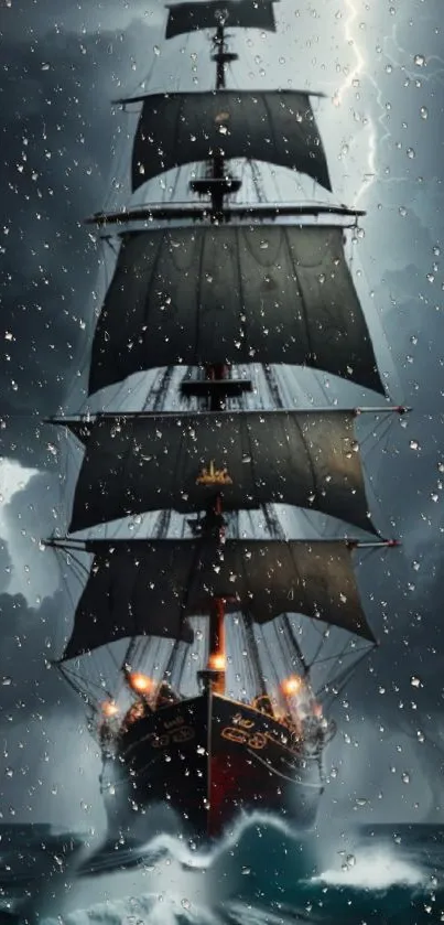 Majestic ship sailing through a dark storm with lightning.