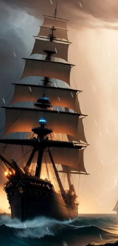 Majestic ship navigating stormy seas with dramatic dark clouds and lightning.