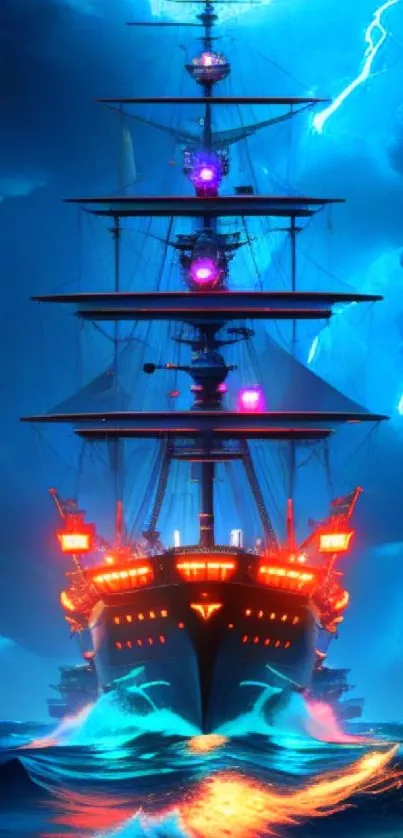 Epic ship illuminated against stormy sky with vivid blue and orange colors.