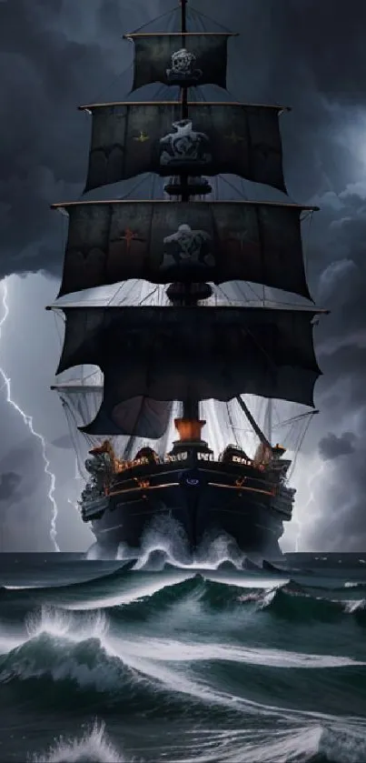 Majestic ship sailing through stormy seas with dramatic lightning.