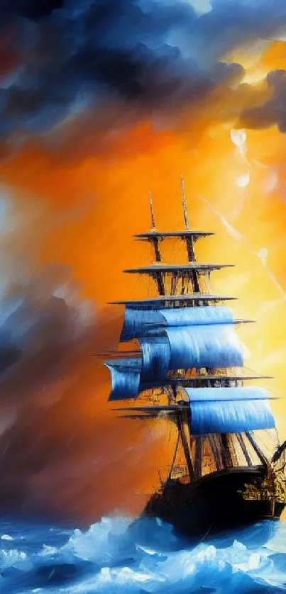 Epic ship sailing through vibrant storm clouds over turbulent blue seas.