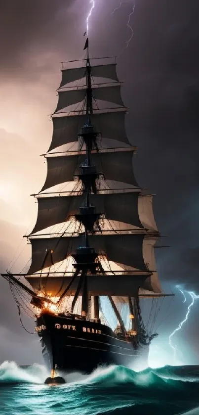 Majestic ship sailing in a storm with lightning and dark ocean waves.