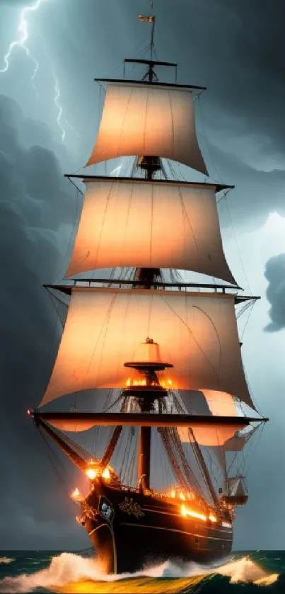 Majestic ship sails through storm with lightning in the sky.