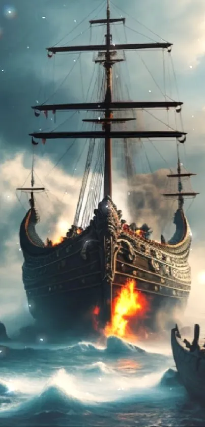 Epic historic ship braving stormy seas with fire onboard.