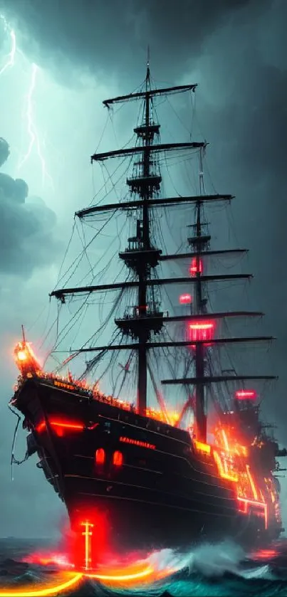 Majestic ship sailing through stormy seas with lightning backdrop.