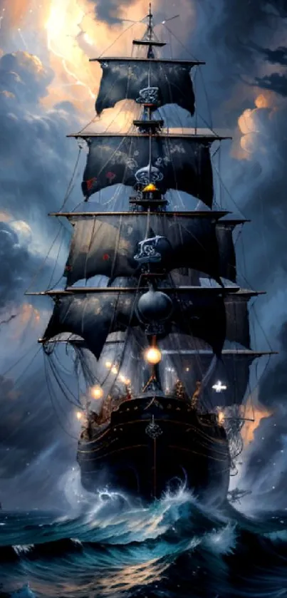 Majestic ship battling stormy seas with dark clouds overhead.