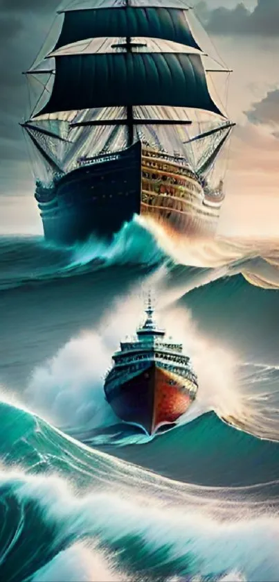 Epic ship sailing through dramatic ocean waves under a stormy sky.