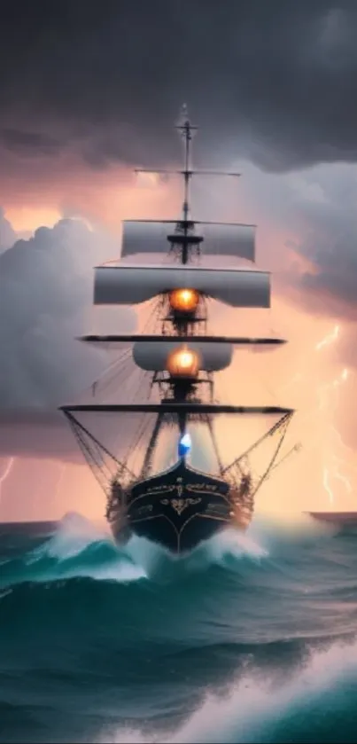 Majestic ship sails through stormy ocean with lightning and dramatic skies.