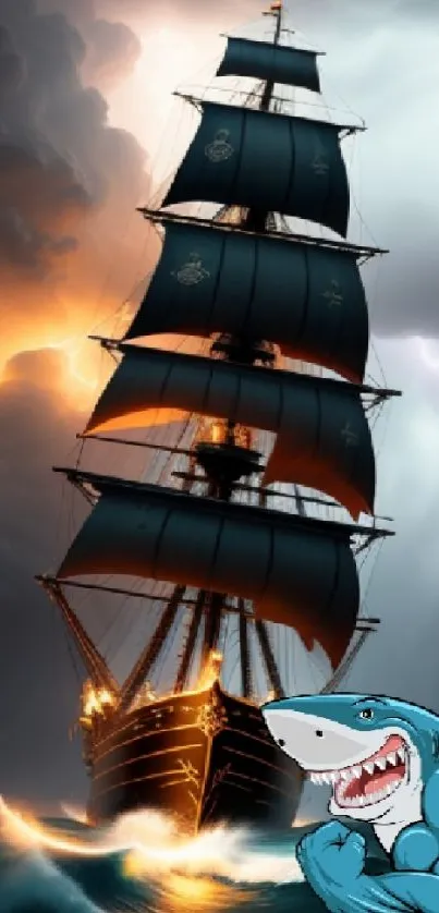 A majestic ship in a stormy sea with a cartoon shark.