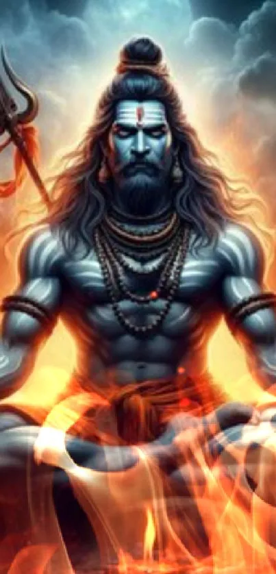 Vibrant wallpaper of Lord Shiva meditating amidst fiery elements.