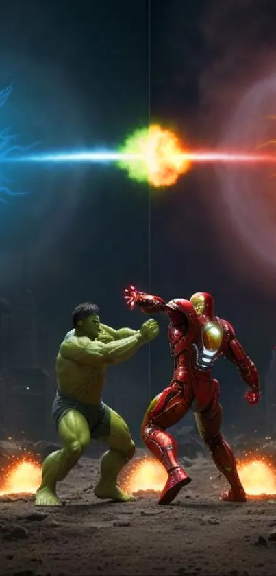 Epic showdown between powerful characters amidst vibrant energy bursts.