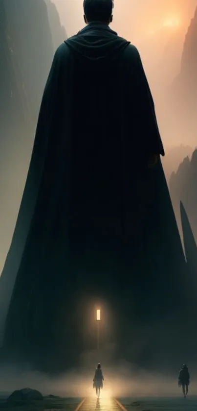 Epic silhouette of a cloaked figure in a misty, dramatic landscape.