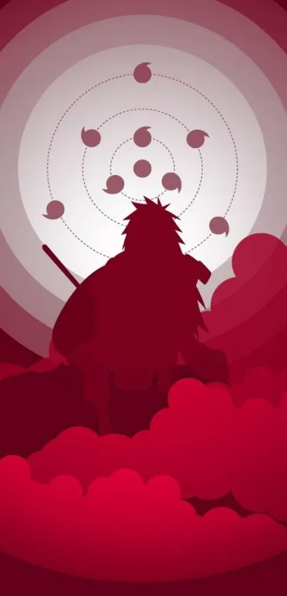 Anime silhouette with vibrant red tones, mysterious and epic in style.