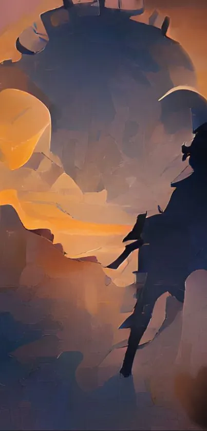 Epic silhouette of a warrior against a sunset background in digital art style.