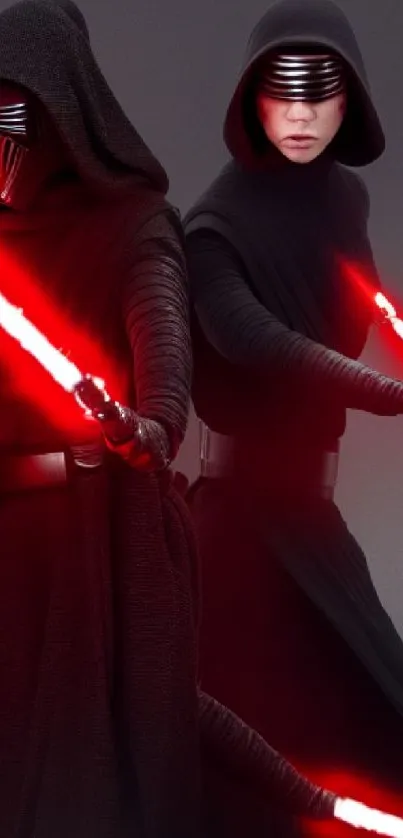 Star Wars Sith characters with lightsabers in epic duel.