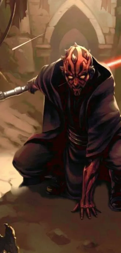 Sith warrior crouching with red lightsaber in a mystical battle scene.