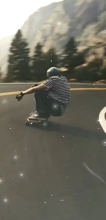 Skateboarder on winding mountain road with trees and motion effect.