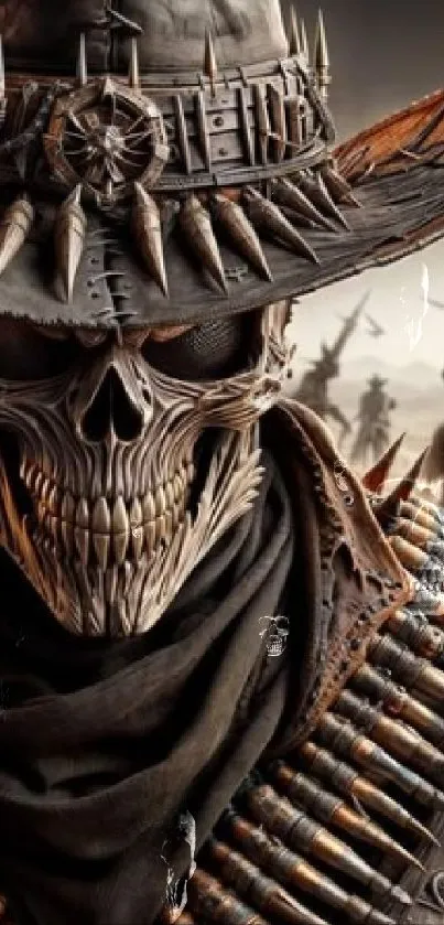 Epic skeleton cowboy with spikes on hat in dark western scene.