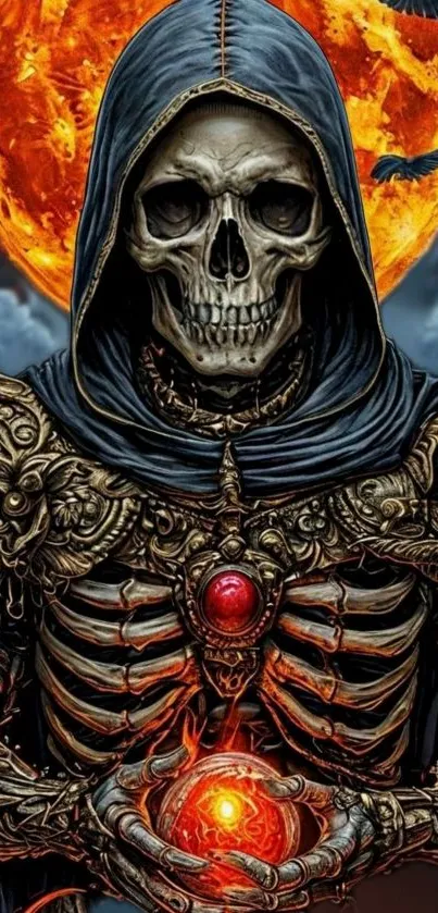 Gothic skeleton holding a fiery orb under a bright orange moon.