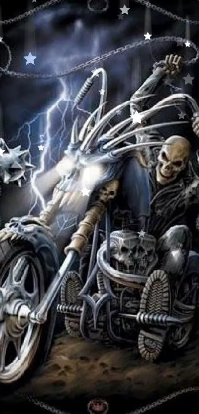 Skeleton riding motorcycle with lightning in dark fantasy art.