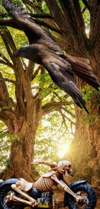 Skeleton riding motorcycle with eagle in a sunlit forest scene.