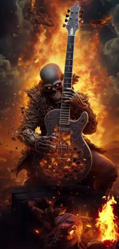 Fiery skeleton guitarist in a cityscape wallpaper.