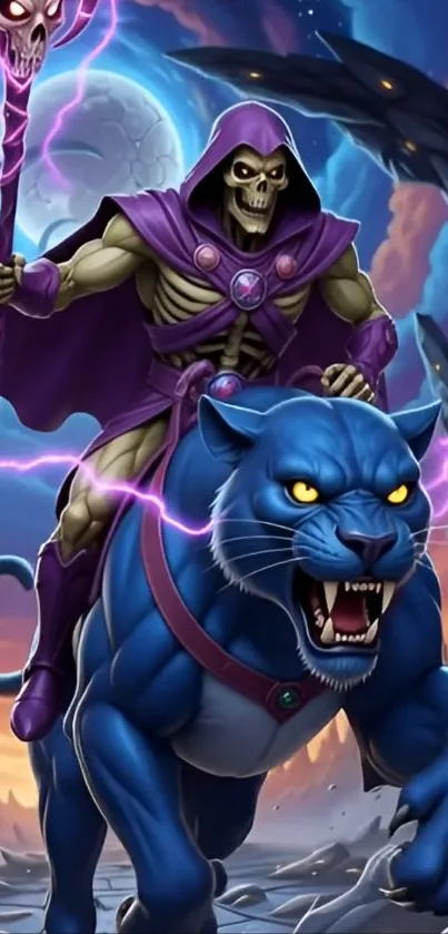 Skeleton warrior on a blue panther under a mystical moonlit sky.