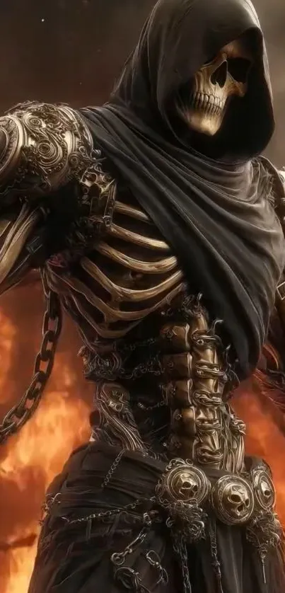 Epic skeleton warrior with fiery background and ornate armor.