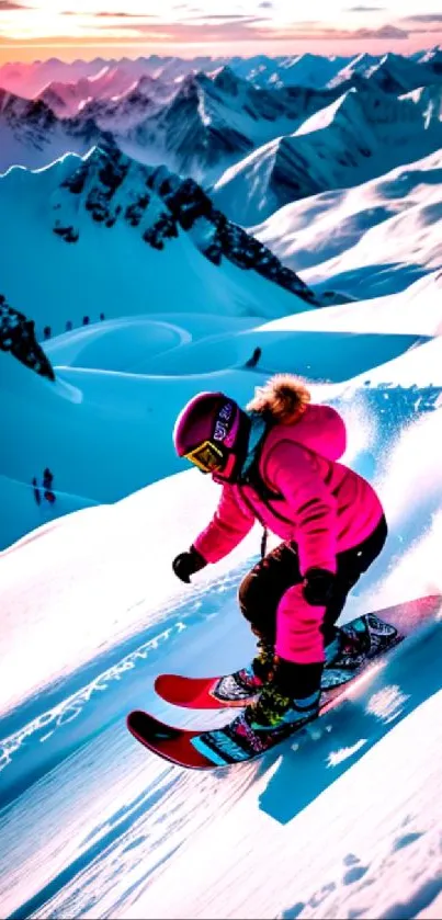 Skier in pink outfit carving down snowy mountain at sunset.