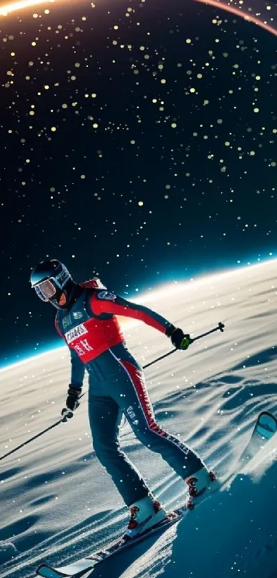 Skiing under a vibrant cosmic arc with snowy terrain below.