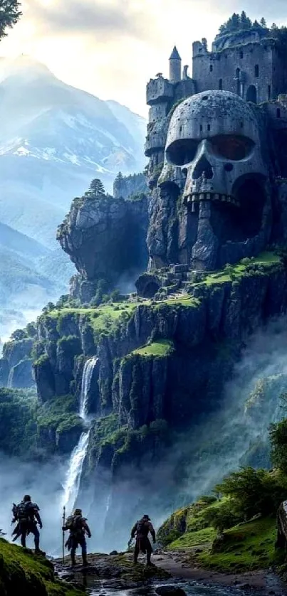 Fantasy skull castle with explorers in a misty mountain landscape.