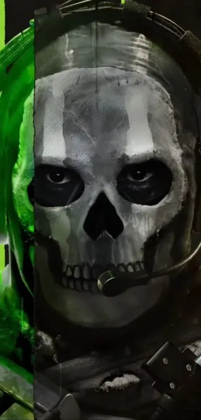 Futuristic skull warrior with vibrant green accents on dark background.