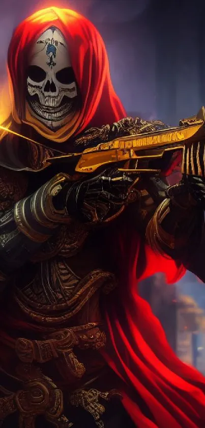 Skull warrior with red cloak and gold weapon, intense and vibrant fantasy art.