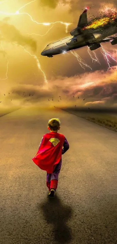 Child superhero runs under stormy sky with plane overhead.