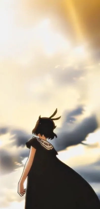 Anime character looking at a stunning sunset sky.